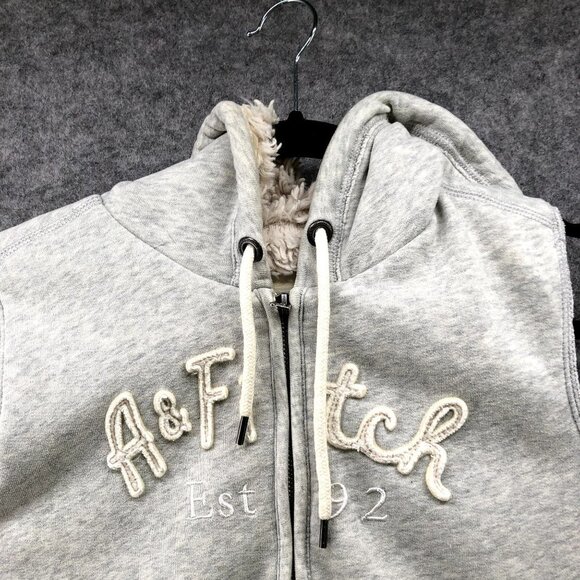 Vintage Abercrombie & Fitch Y2K Gray Sherpa Lined Sweatshirt Vest Hoodie Women L - Picture 5 of 11